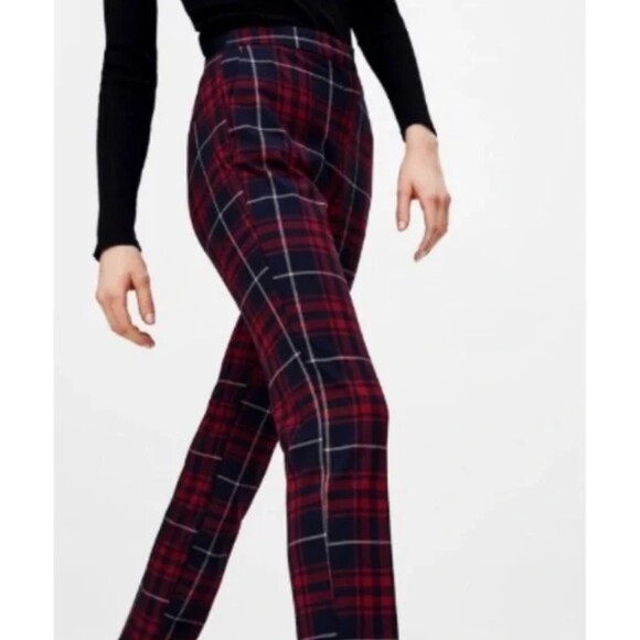 Zara Plaid Dark Academia Checkered Chino Skinny Ankle‎ Pants Blue Red Size S - Picture 2 of 5